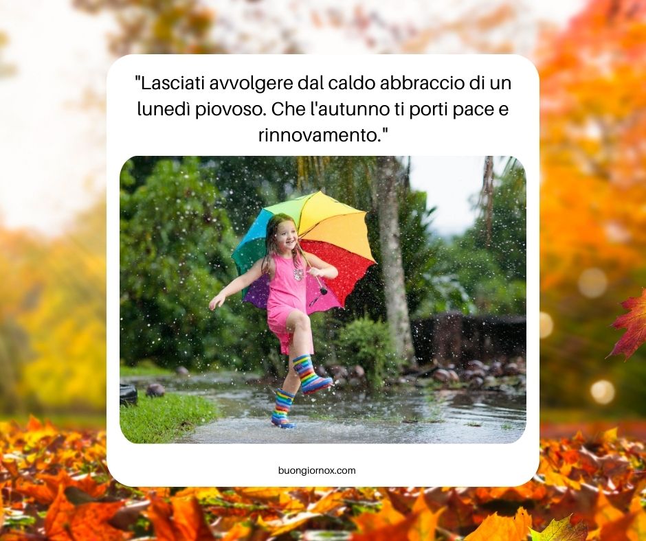 Messaggio di Buon Lunedì con ombrello colorato e foglie autunnali